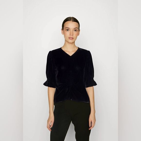 Scotch & Soda Ruched puff-sleeved velvet black top size L. NWT - Picture 2 of 13